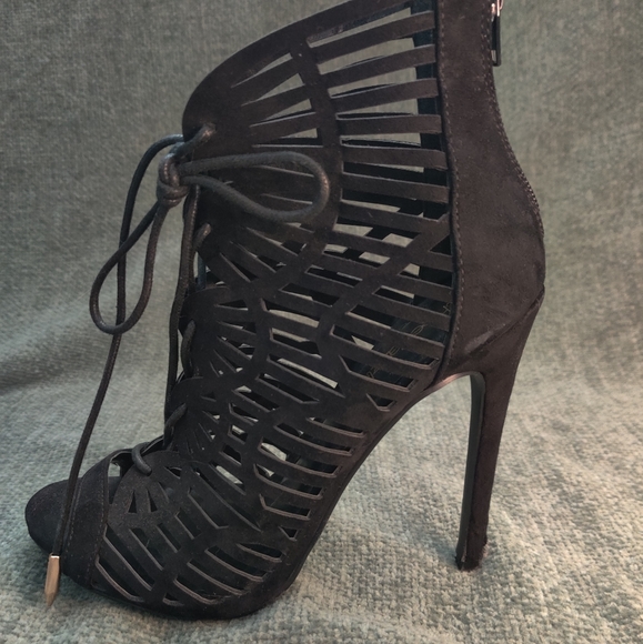 Shoedazzle Black Suede Caged Open Toe Pumps - Picture 2 of 12